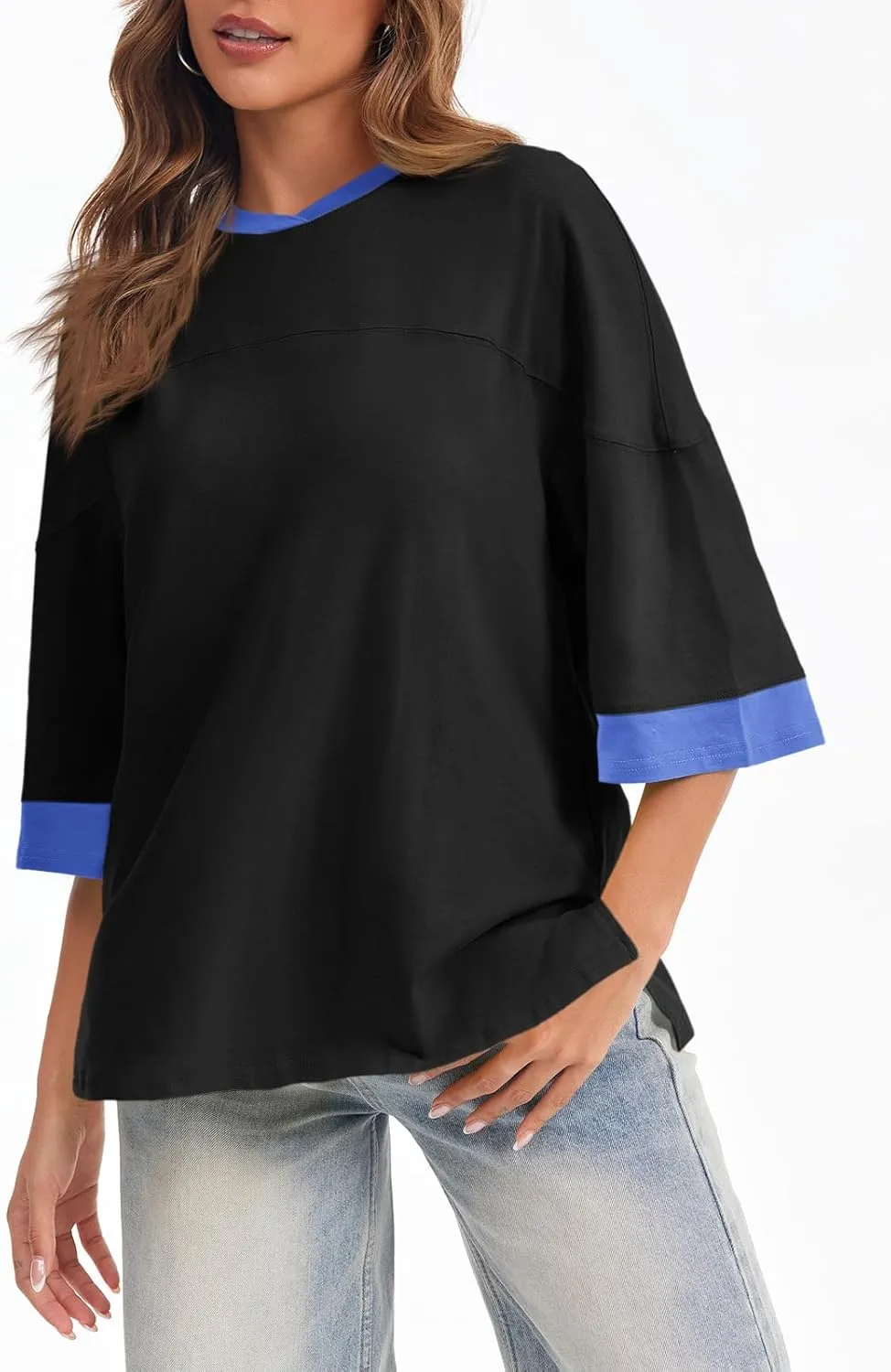 Tankaneo Womens Oversized T Shirts Color Block 3/4 Sleeve Fall Top Crew Neck Loose Fit Tunic Tops