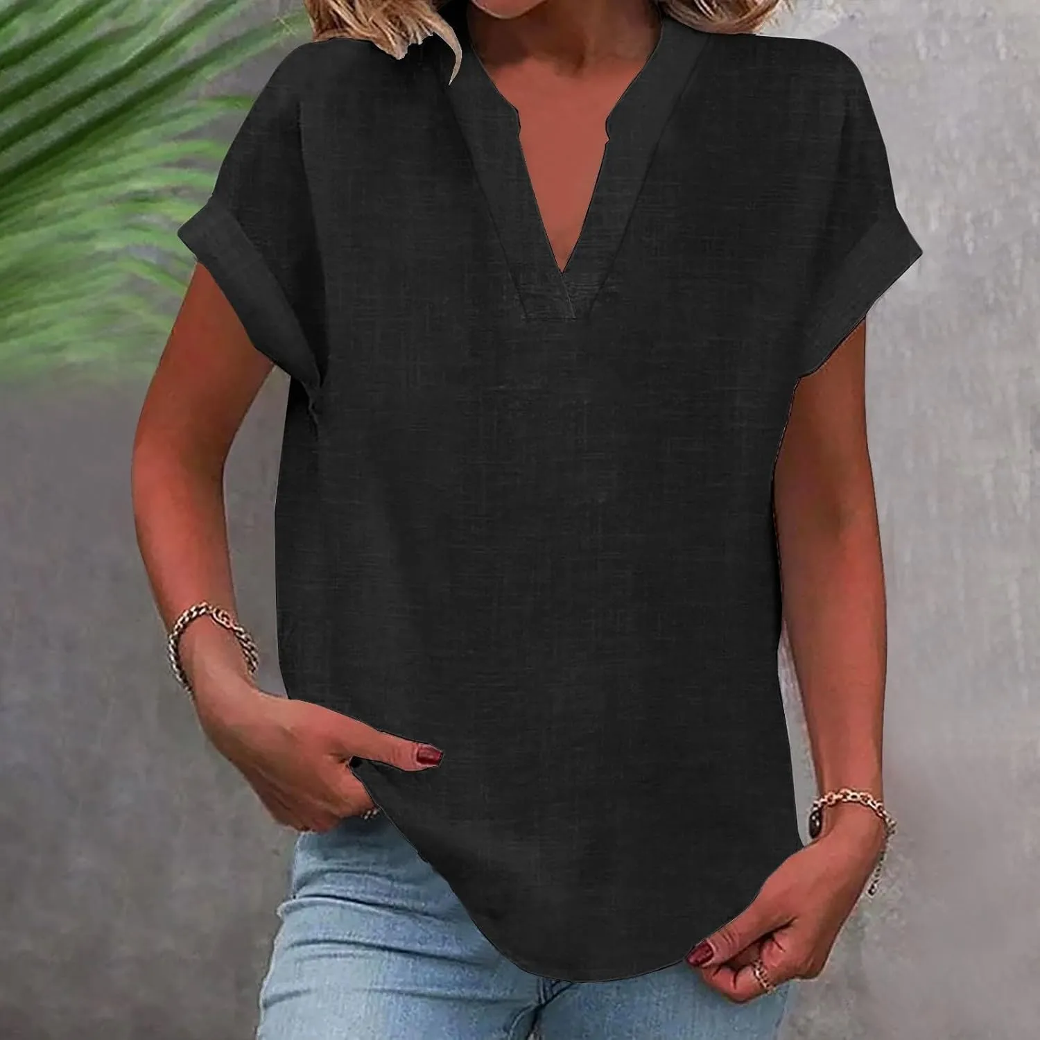Trendy Short Sleeve Plus Size Blouse for Women Summer Surf Relaxed Fit Comfort Tees V Neck Solid T Shirts