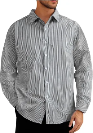 Uillui Men's Big and Tall Vertical Striped Dress Shirt Relaxed Fit Casual Business Button Down Shirt Long Sleeve for Men