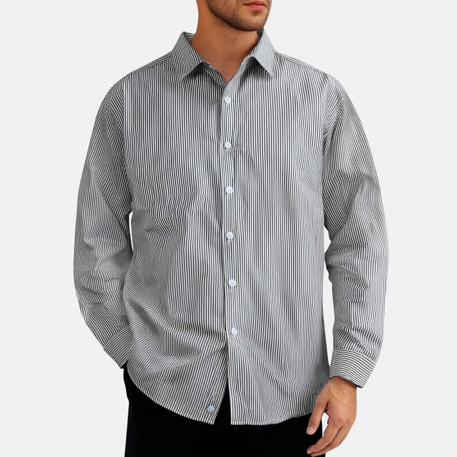 Uillui Men's Big and Tall Vertical Striped Dress Shirt Relaxed Fit Casual Business Button Down Shirt Long Sleeve for Men