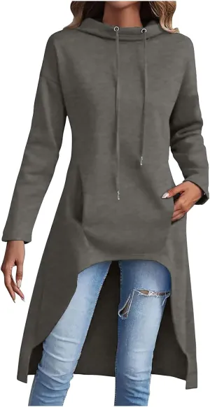 Vintage Long Hooded Sweatshirt for Women Solid Color High Low Hem Gothic Hoodies Long Sleeve Oversized Pocket Tops