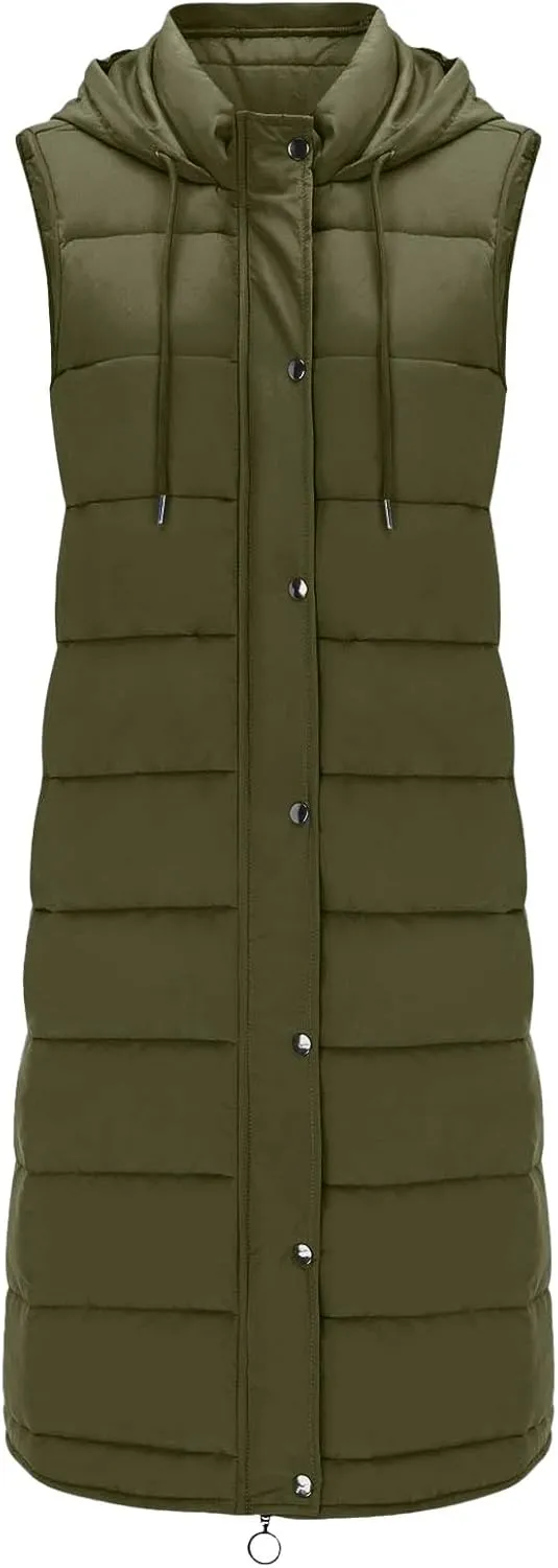 Winter Coats for Women 2024 Warm Long Puffer Jacket Vest Button Zip Up Sleeveless Quilted Outwear Trendy Outing Clothes
