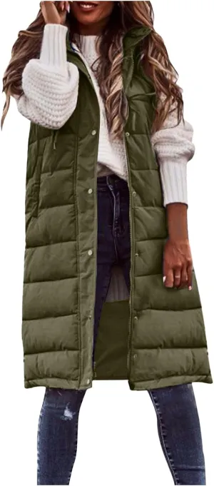 Winter Coats for Women 2024 Warm Long Puffer Jacket Vest Button Zip Up Sleeveless Quilted Outwear Trendy Outing Clothes