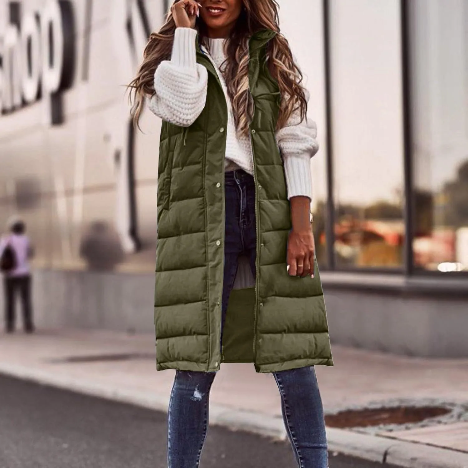 Winter Coats for Women 2024 Warm Long Puffer Jacket Vest Button Zip Up Sleeveless Quilted Outwear Trendy Outing Clothes
