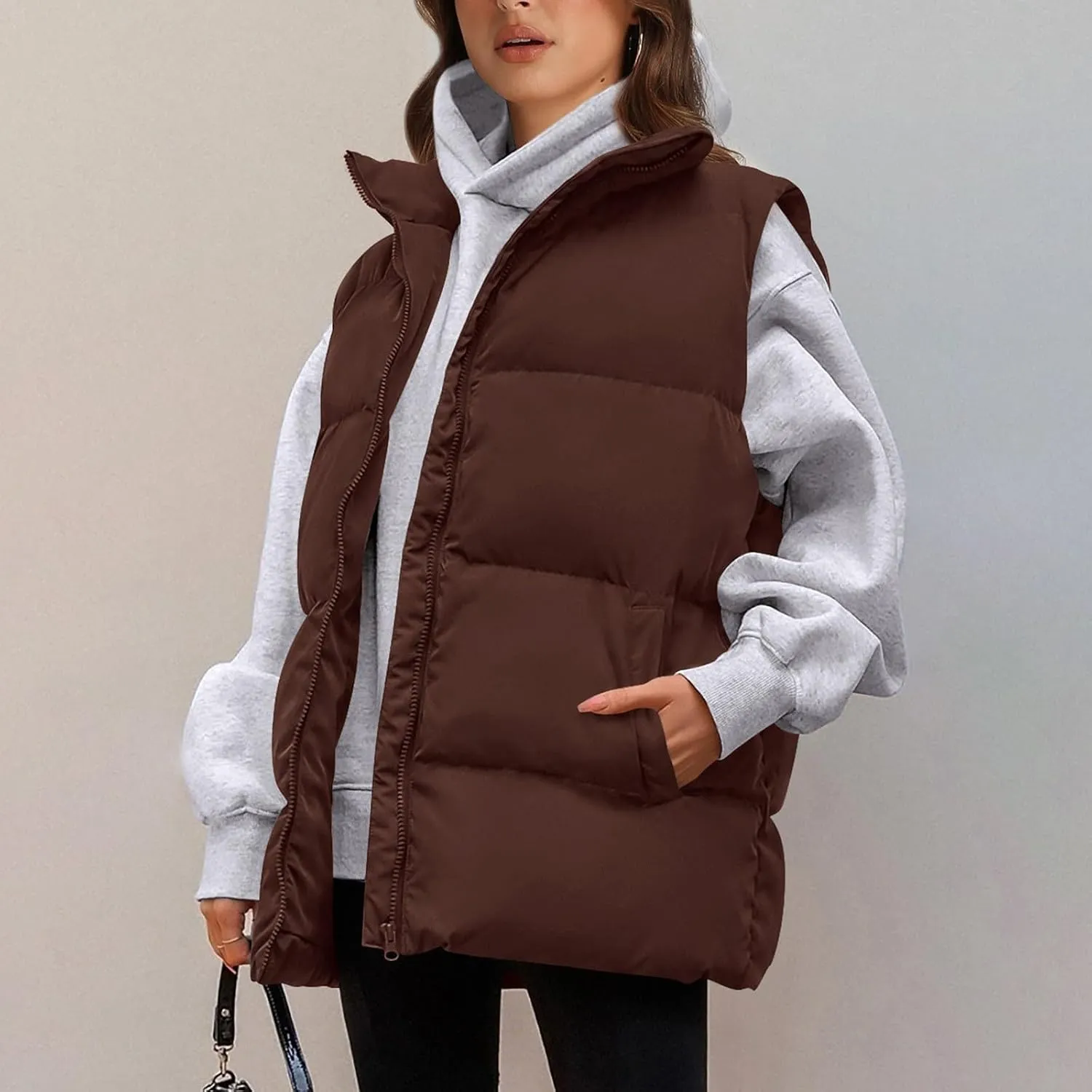 Winter Coats for Women Trendy Cropped Sleeveless Puffer Jacket Full Zip Padded Coat 2024 Casual Solid Versatile Outwear