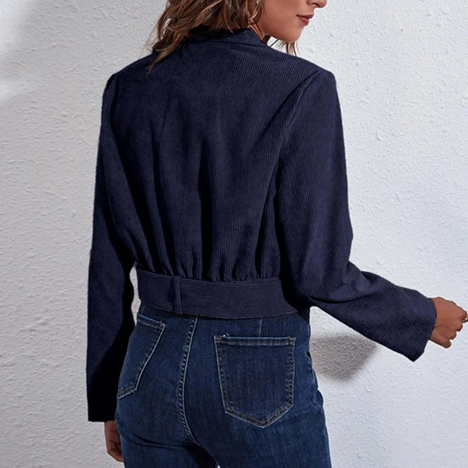 Women All-Match Cropped Blazers Elegant Long Sleeve Notched Lapel Tie Waist Open Front Button Up Corduroy Suit Jacket
