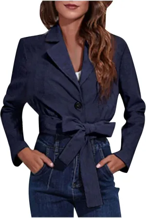 Women All-Match Cropped Blazers Elegant Long Sleeve Notched Lapel Tie Waist Open Front Button Up Corduroy Suit Jacket