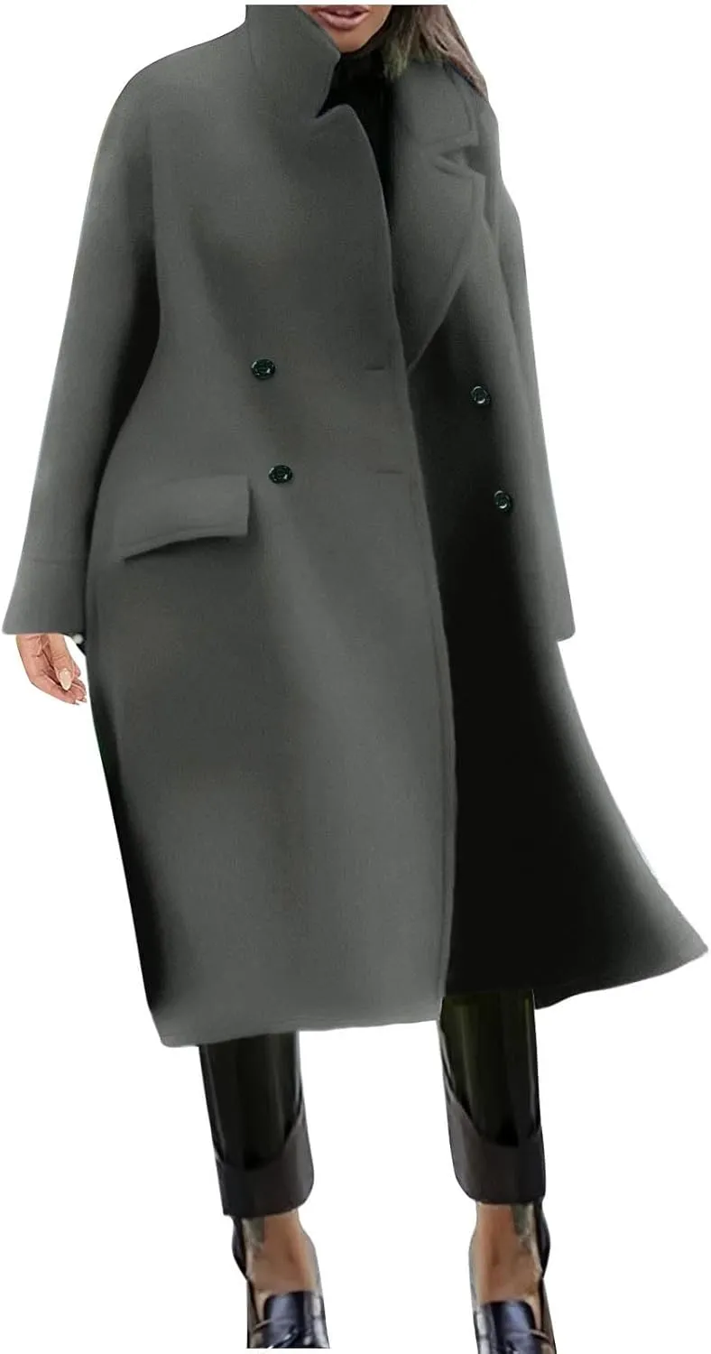 Women Button Wool Overcoats Winter Loose Long Pea Coats Warm Fashion Outwear Solid Elegant Windbreaker Jacket