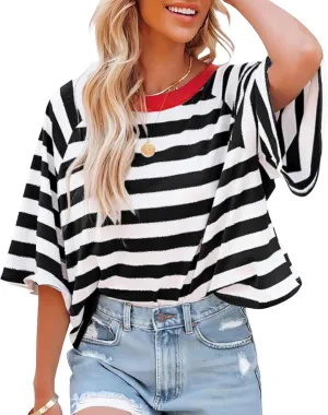 Women Color Block Striped T Shirt Casual Oversized Short Sleeve Boxy Tops Vintage Loose Crewneck Going Out Tee