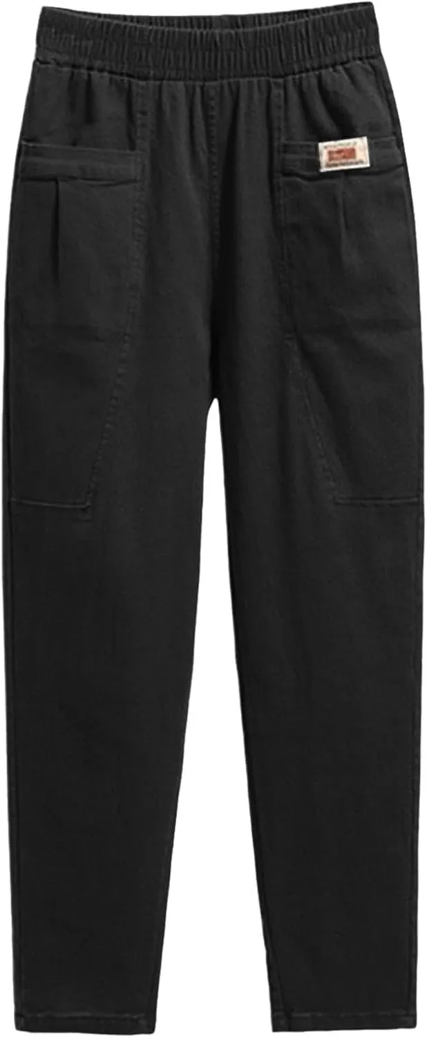 Women Elastic Waist Trousers Wrinkle Relaxed Fit Straight Leg Trousers Casual Loose FIitting Pants