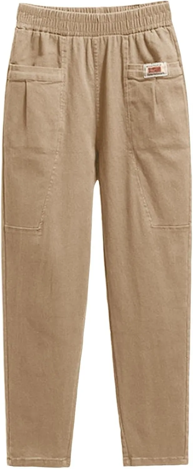 Women Elastic Waist Trousers Wrinkle Relaxed Fit Straight Leg Trousers Casual Loose FIitting Pants