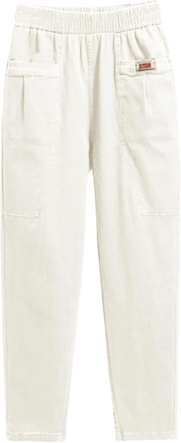 Women Elastic Waist Trousers Wrinkle Relaxed Fit Straight Leg Trousers Casual Loose FIitting Pants
