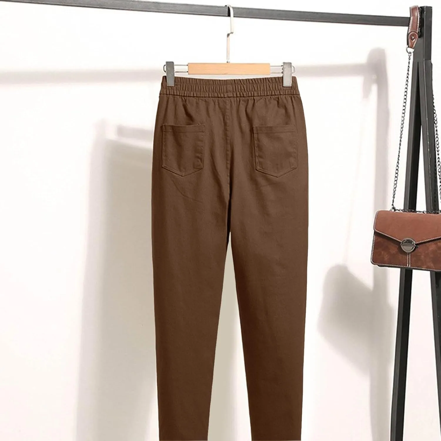 Women Elastic Waist Trousers Wrinkle Relaxed Fit Straight Leg Trousers Casual Loose FIitting Pants
