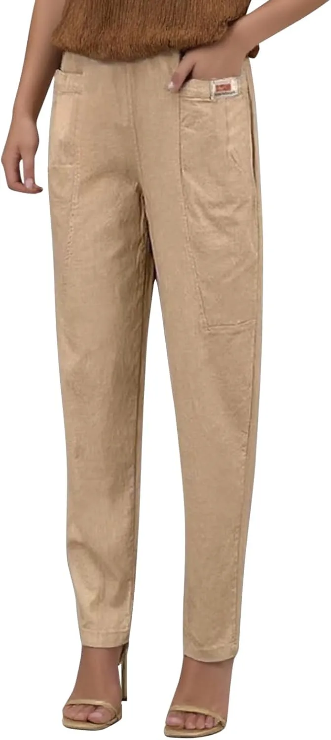 Women Elastic Waist Trousers Wrinkle Relaxed Fit Straight Leg Trousers Casual Loose FIitting Pants