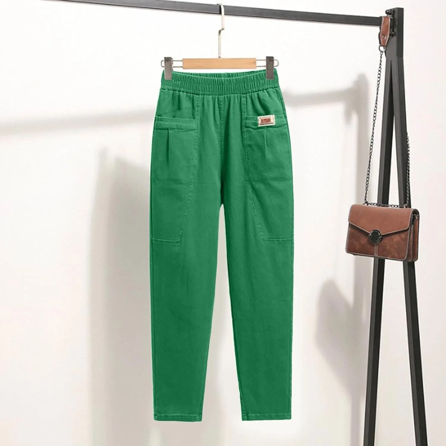 Women Elastic Waist Trousers Wrinkle Relaxed Fit Straight Leg Trousers Casual Loose FIitting Pants