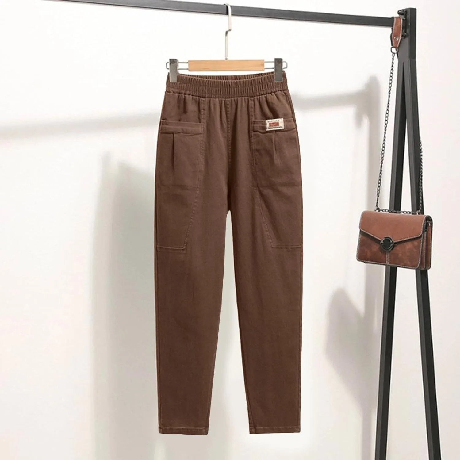 Women Elastic Waist Trousers Wrinkle Relaxed Fit Straight Leg Trousers Casual Loose FIitting Pants