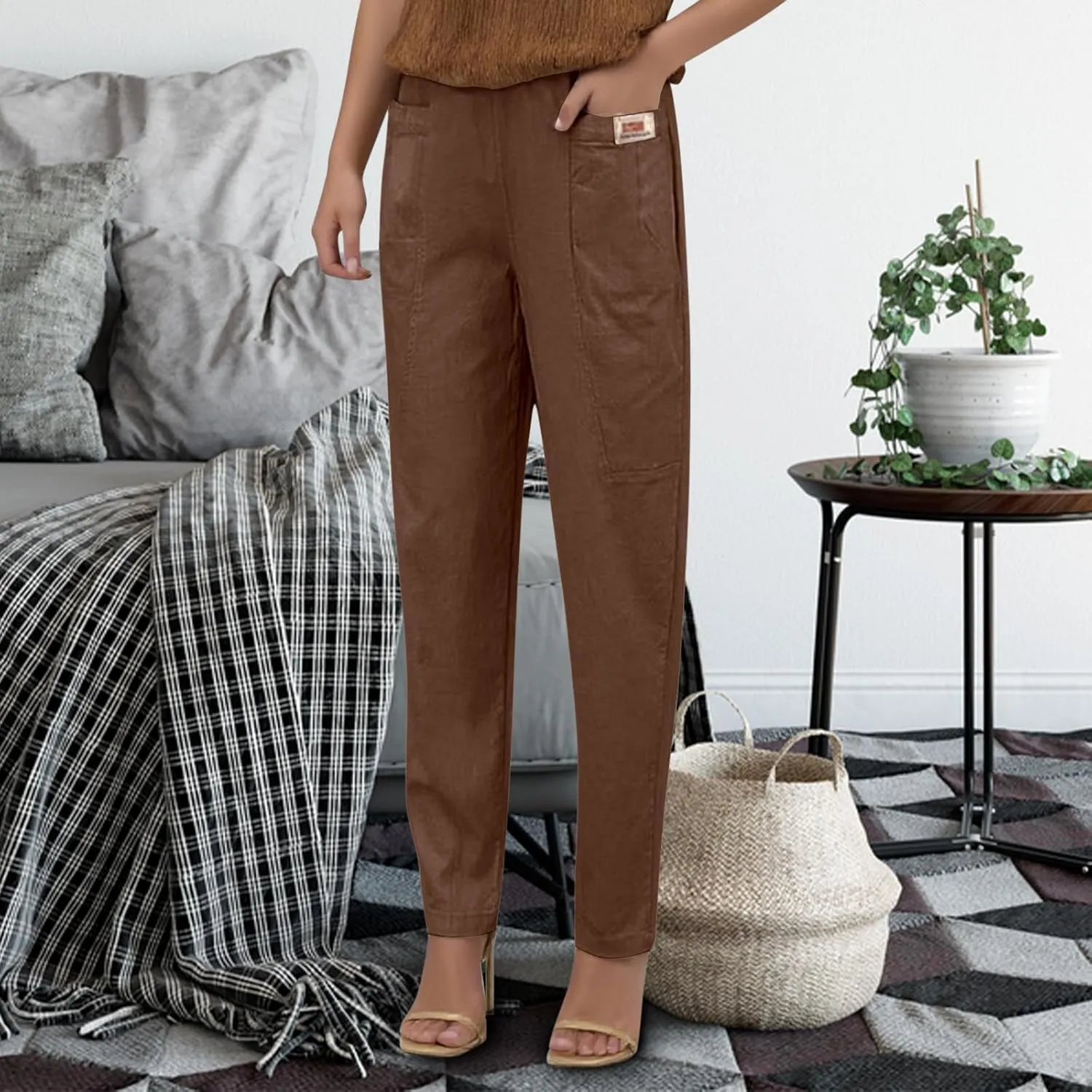 Women Elastic Waist Trousers Wrinkle Relaxed Fit Straight Leg Trousers Casual Loose FIitting Pants