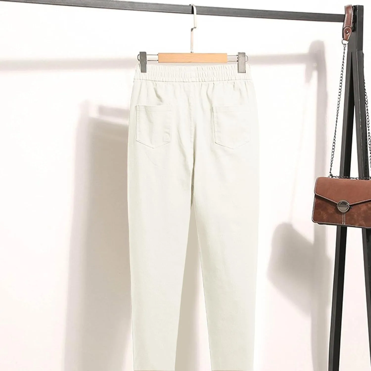 Women Elastic Waist Trousers Wrinkle Relaxed Fit Straight Leg Trousers Casual Loose FIitting Pants