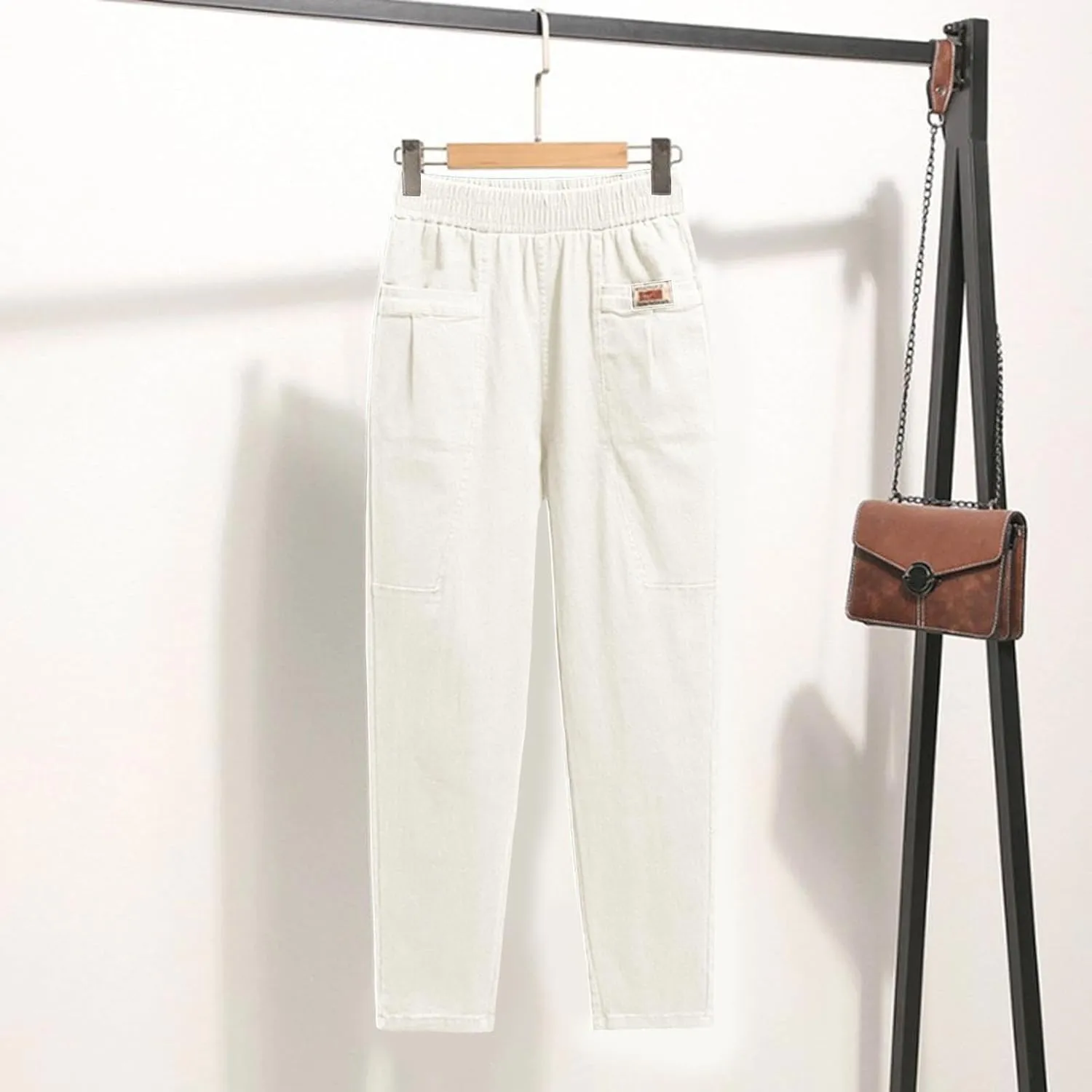 Women Elastic Waist Trousers Wrinkle Relaxed Fit Straight Leg Trousers Casual Loose FIitting Pants