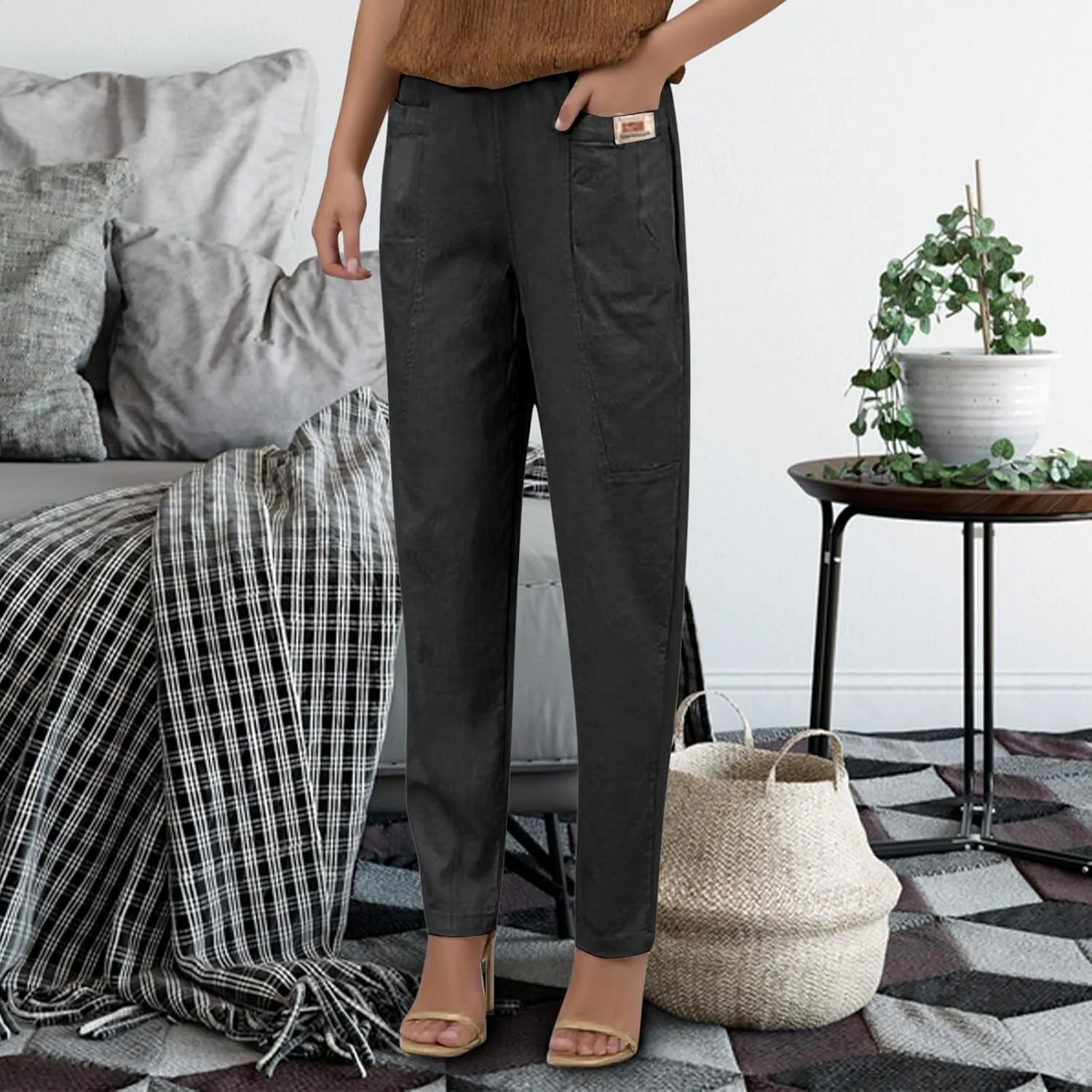 Women Elastic Waist Trousers Wrinkle Relaxed Fit Straight Leg Trousers Casual Loose FIitting Pants