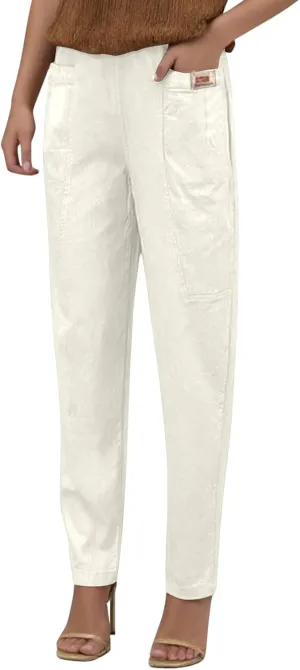 Women Elastic Waist Trousers Wrinkle Relaxed Fit Straight Leg Trousers Casual Loose FIitting Pants