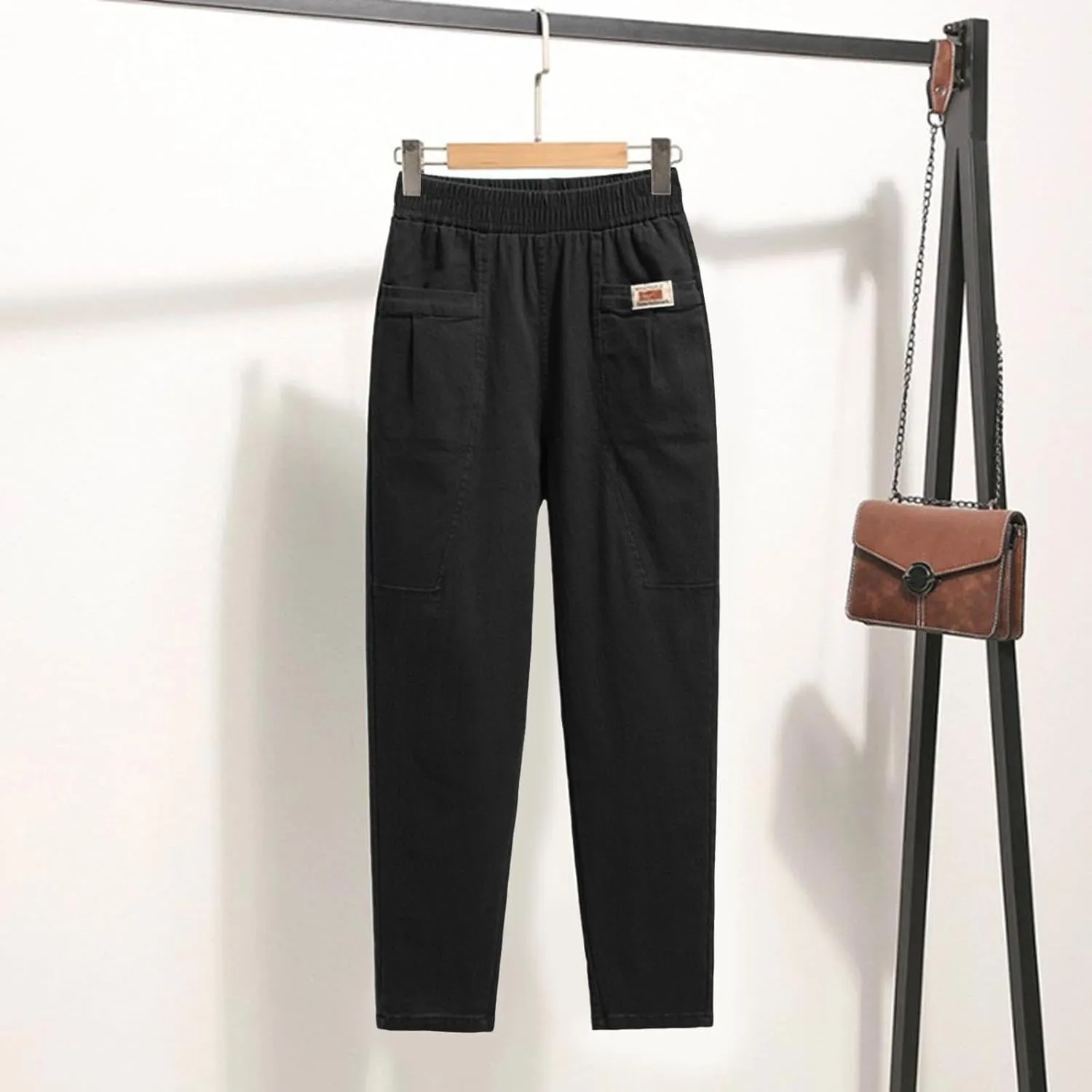 Women Elastic Waist Trousers Wrinkle Relaxed Fit Straight Leg Trousers Casual Loose FIitting Pants