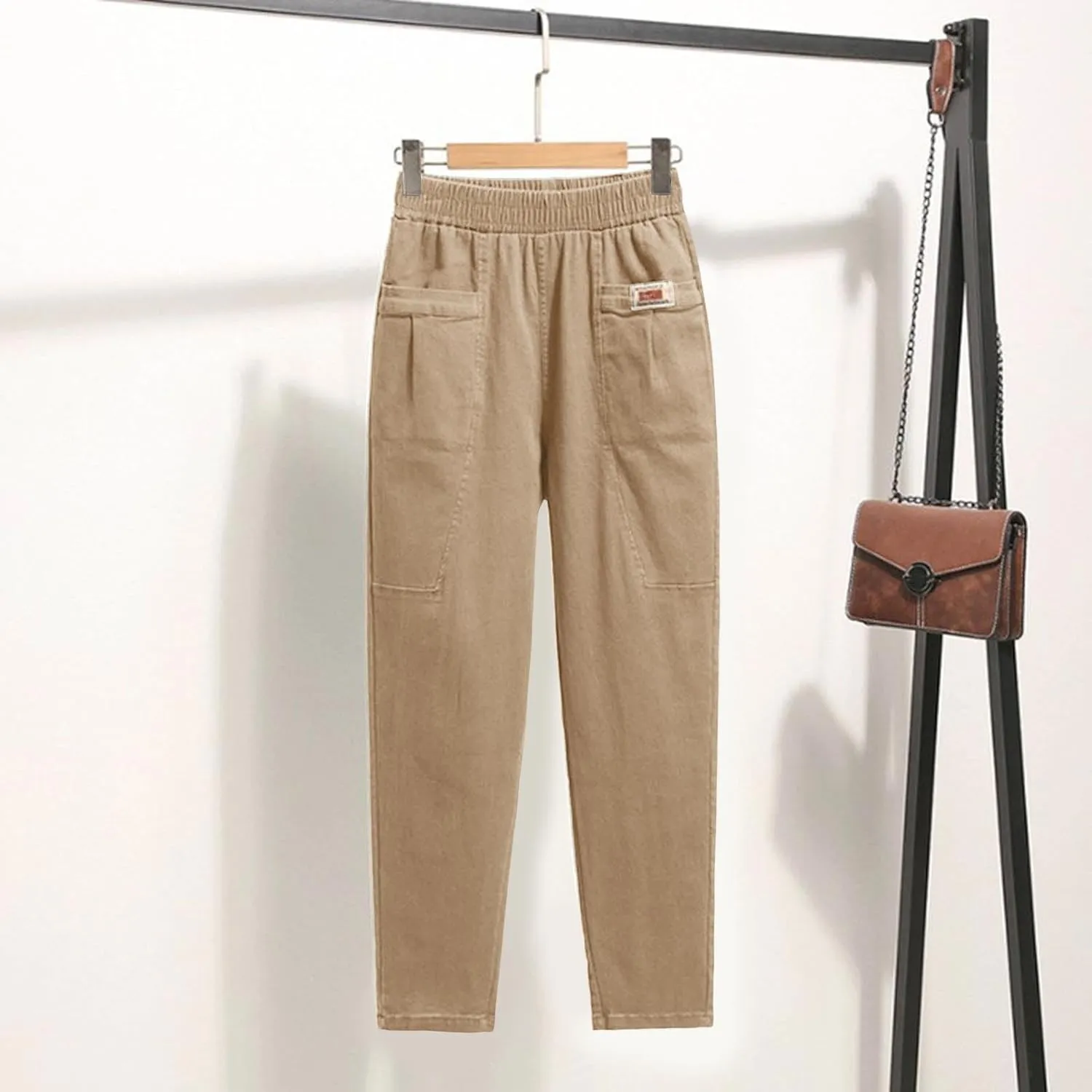 Women Elastic Waist Trousers Wrinkle Relaxed Fit Straight Leg Trousers Casual Loose FIitting Pants