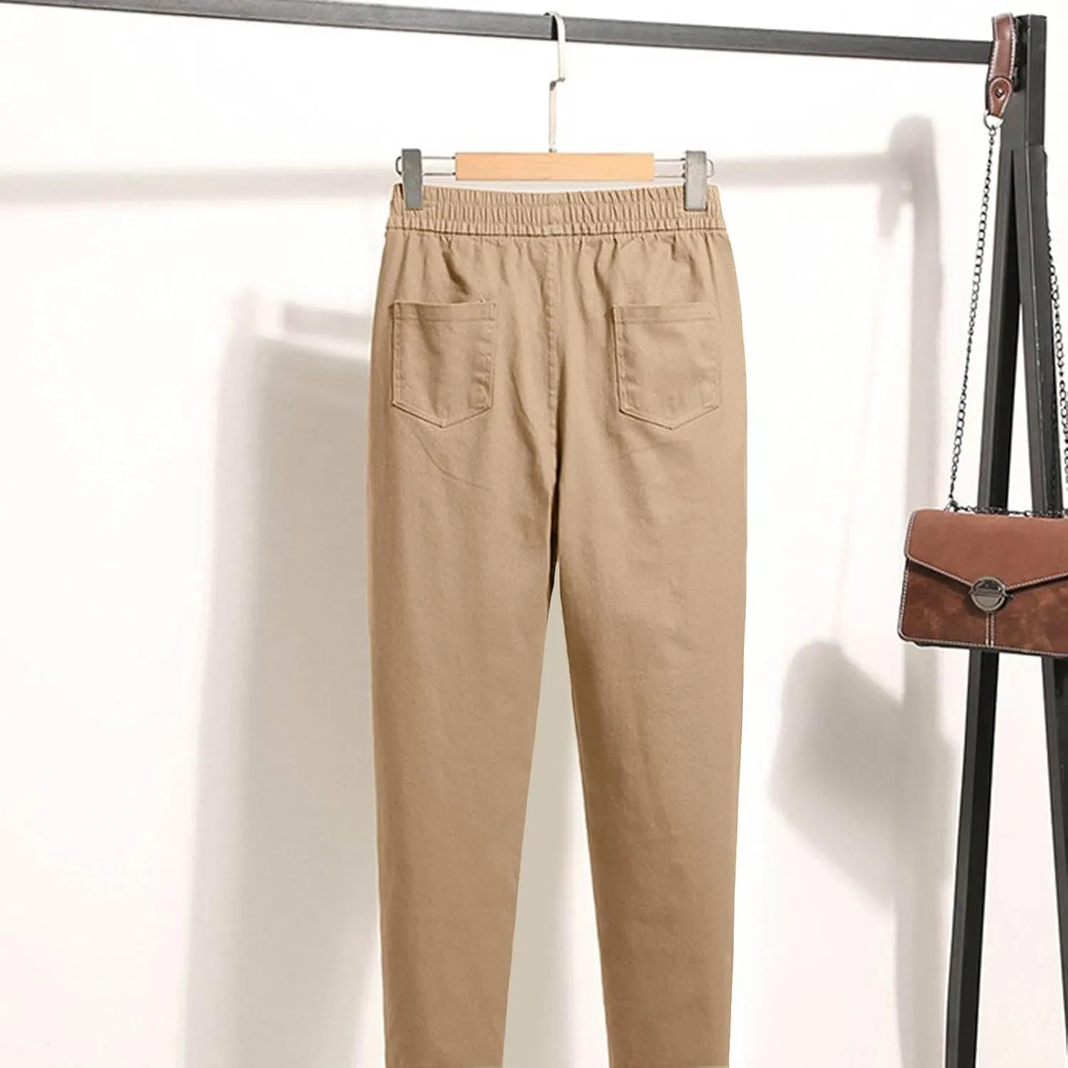 Women Elastic Waist Trousers Wrinkle Relaxed Fit Straight Leg Trousers Casual Loose FIitting Pants
