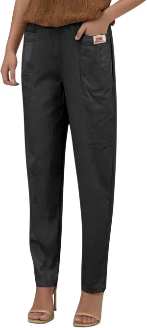 Women Elastic Waist Trousers Wrinkle Relaxed Fit Straight Leg Trousers Casual Loose FIitting Pants