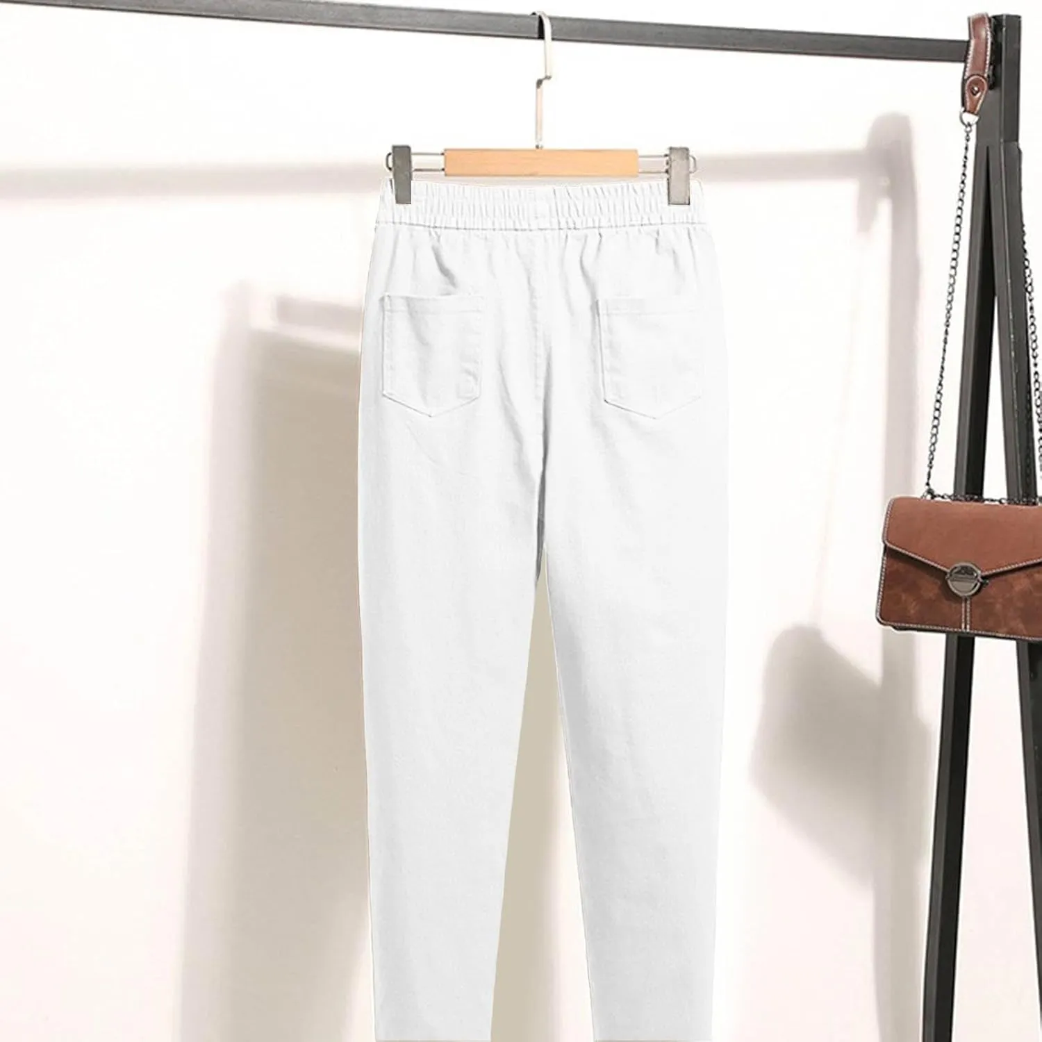 Women Elastic Waist Trousers Wrinkle Relaxed Fit Straight Leg Trousers Casual Loose FIitting Pants