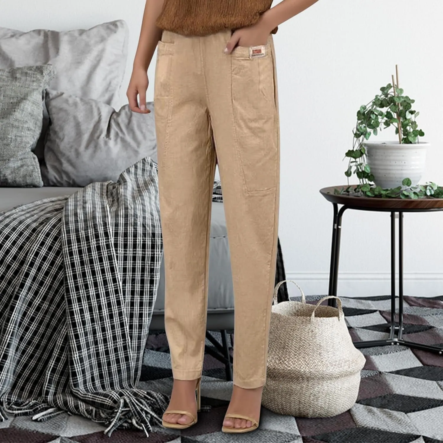 Women Elastic Waist Trousers Wrinkle Relaxed Fit Straight Leg Trousers Casual Loose FIitting Pants
