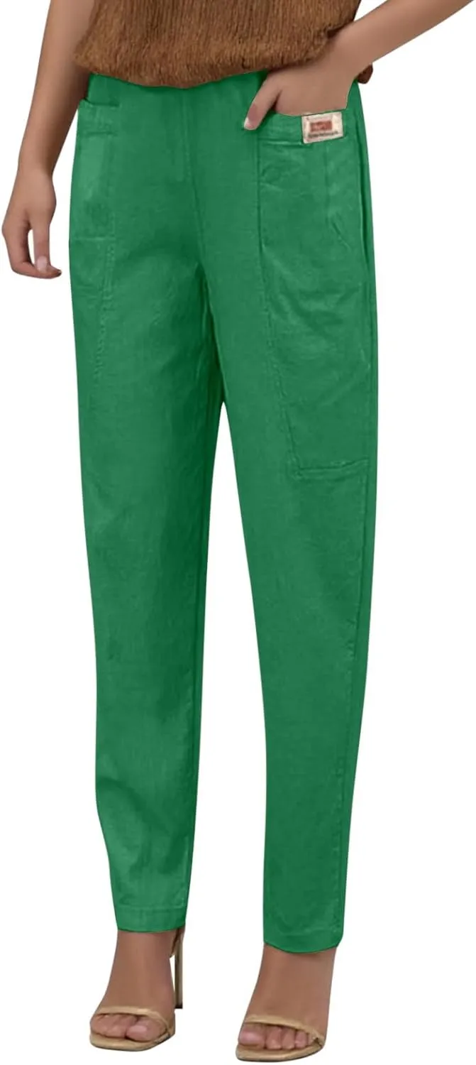 Women Elastic Waist Trousers Wrinkle Relaxed Fit Straight Leg Trousers Casual Loose FIitting Pants