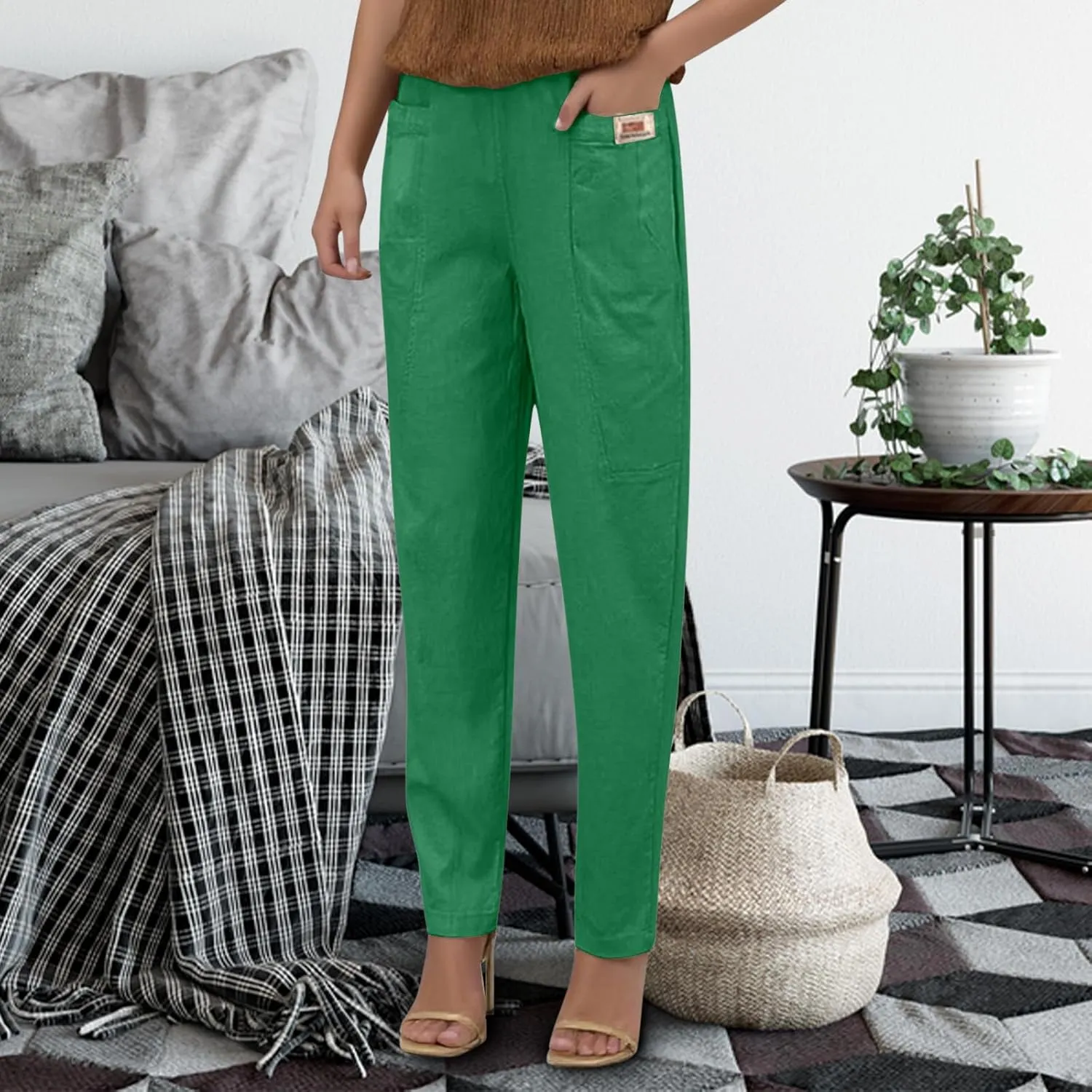 Women Elastic Waist Trousers Wrinkle Relaxed Fit Straight Leg Trousers Casual Loose FIitting Pants
