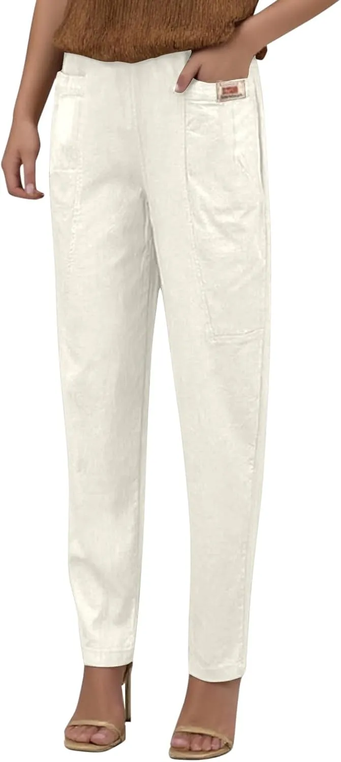 Women Elastic Waist Trousers Wrinkle Relaxed Fit Straight Leg Trousers Casual Loose FIitting Pants