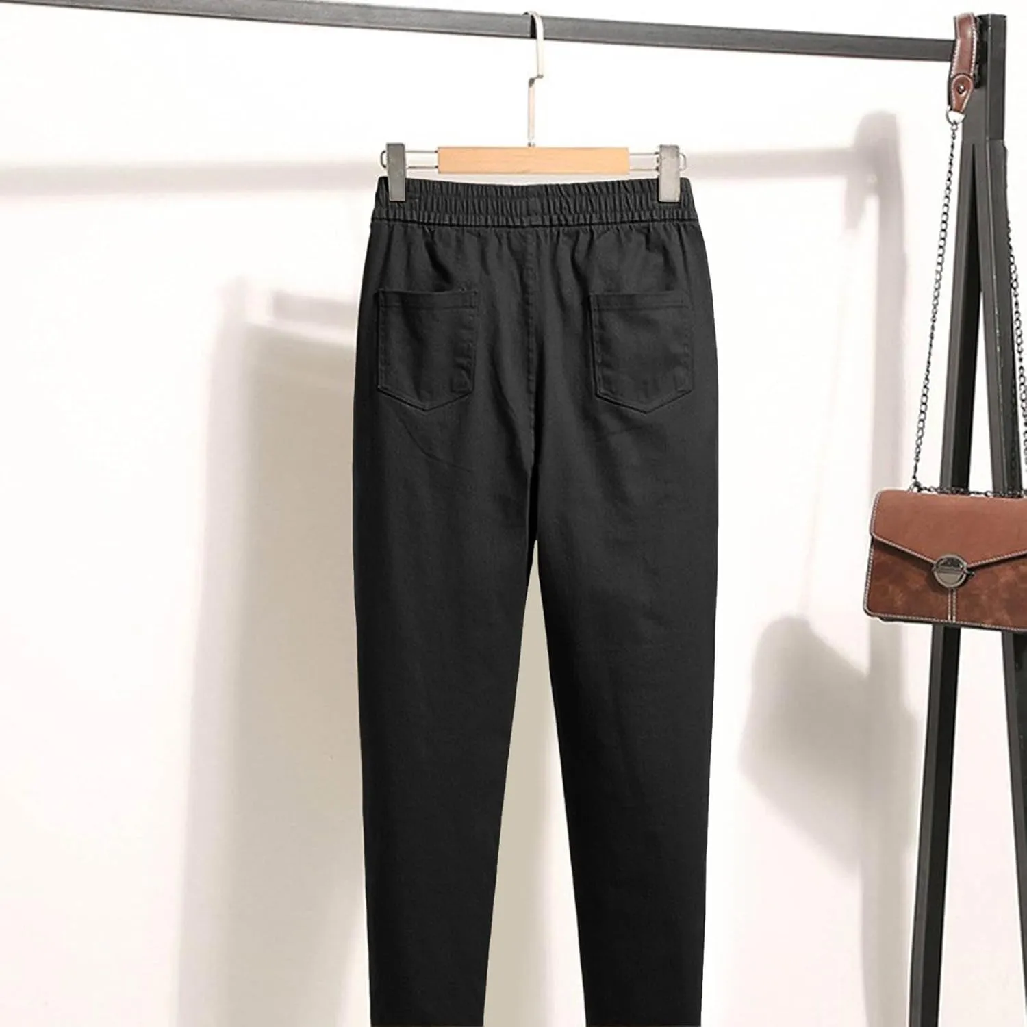 Women Elastic Waist Trousers Wrinkle Relaxed Fit Straight Leg Trousers Casual Loose FIitting Pants