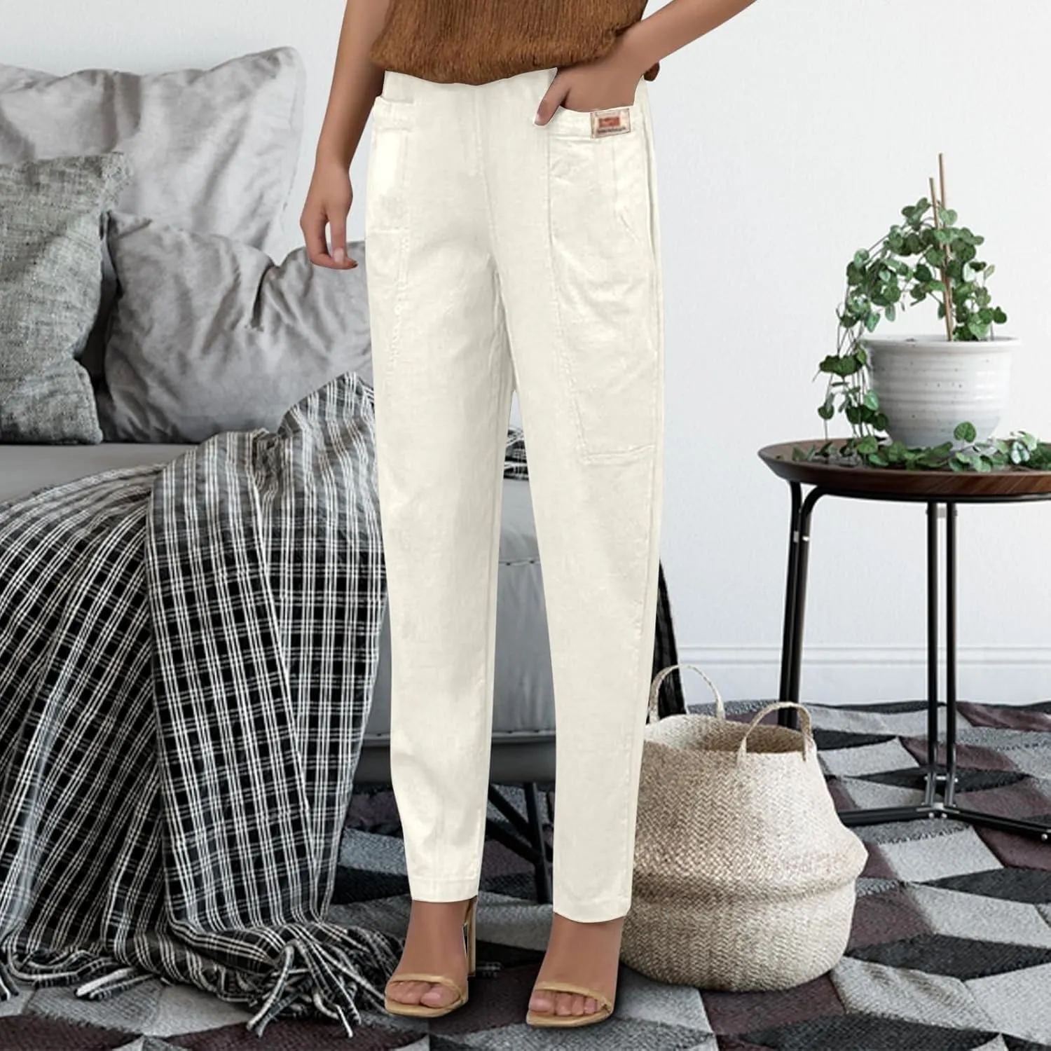 Women Elastic Waist Trousers Wrinkle Relaxed Fit Straight Leg Trousers Casual Loose FIitting Pants