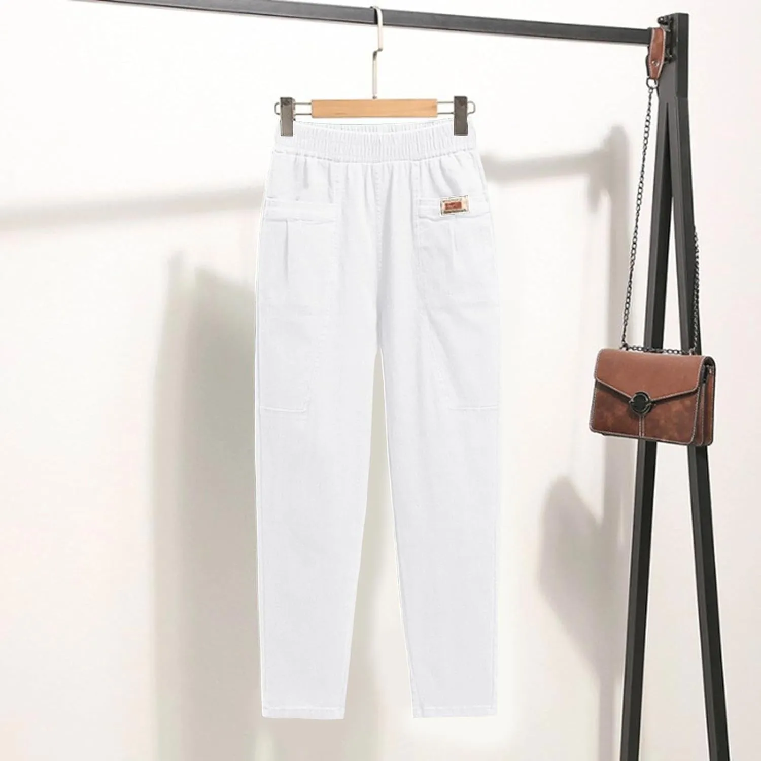 Women Elastic Waist Trousers Wrinkle Relaxed Fit Straight Leg Trousers Casual Loose FIitting Pants