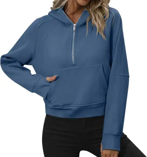 Women Hoodies Fleece Sweatshirt Cropped Hoodies Quarter Zip Up Drawstring Hoodies Tops Winter Clothes