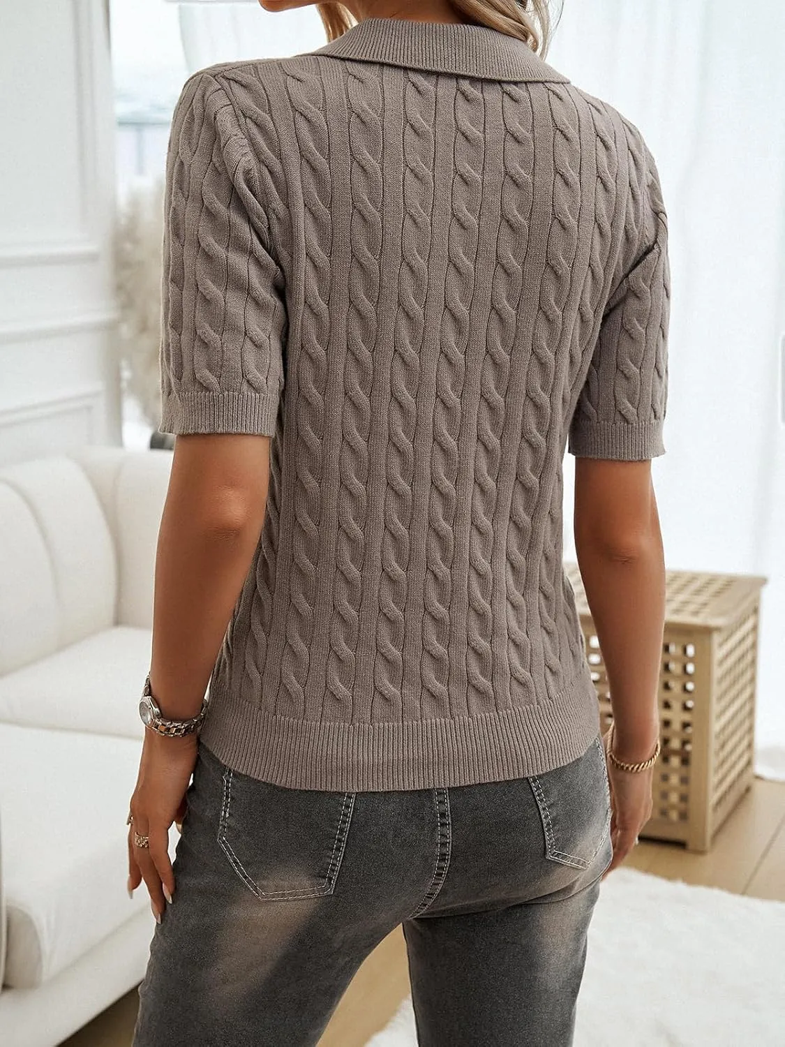 Women Slim Fit Cable Knit Short Sleeve Sweater T-Shirt Classic V-Neck Polo Top Textured Design