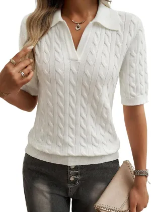 Women Slim Fit Cable Knit Short Sleeve Sweater T-Shirt Classic V-Neck Polo Top Textured Design