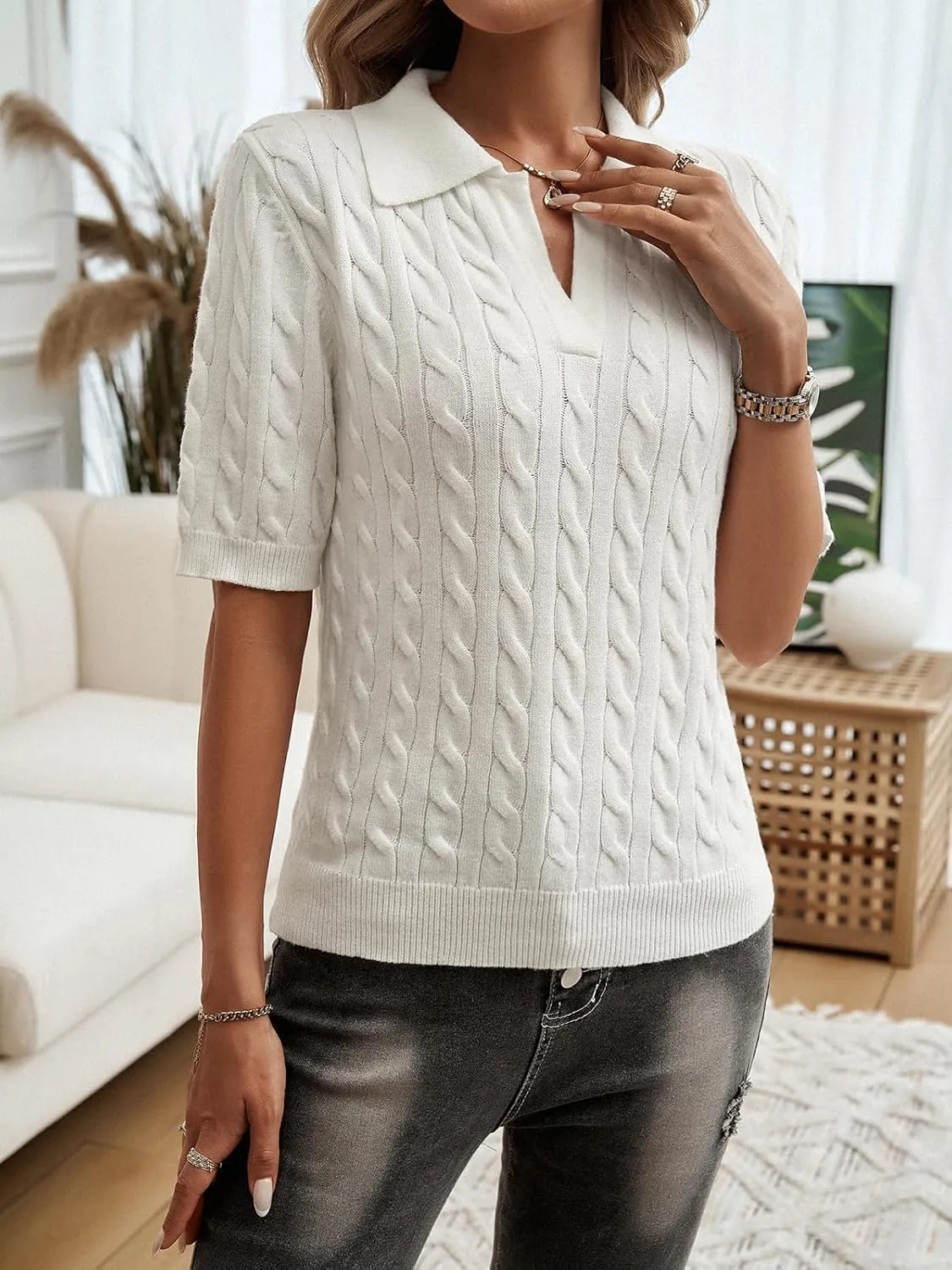 Women Slim Fit Cable Knit Short Sleeve Sweater T-Shirt Classic V-Neck Polo Top Textured Design