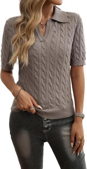 Women Slim Fit Cable Knit Short Sleeve Sweater T-Shirt Classic V-Neck Polo Top Textured Design
