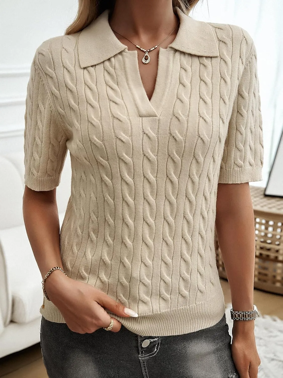 Women Slim Fit Cable Knit Short Sleeve Sweater T-Shirt Classic V-Neck Polo Top Textured Design