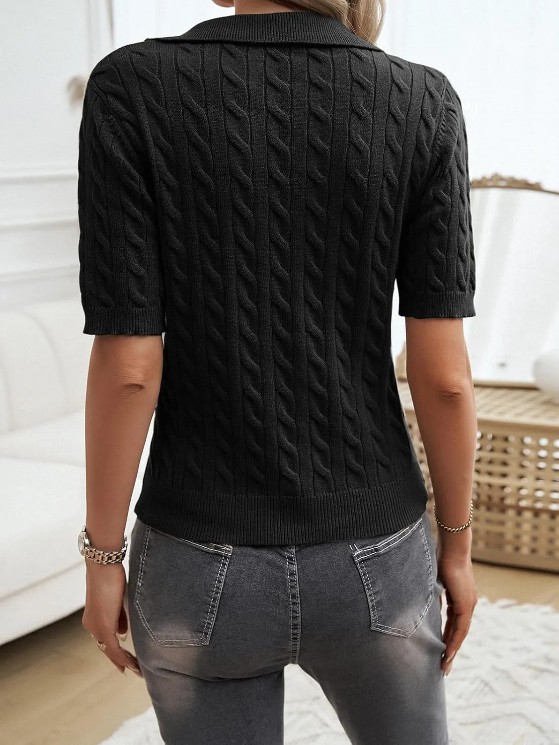 Women Slim Fit Cable Knit Short Sleeve Sweater T-Shirt Classic V-Neck Polo Top Textured Design