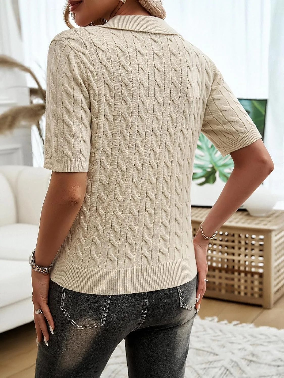 Women Slim Fit Cable Knit Short Sleeve Sweater T-Shirt Classic V-Neck Polo Top Textured Design
