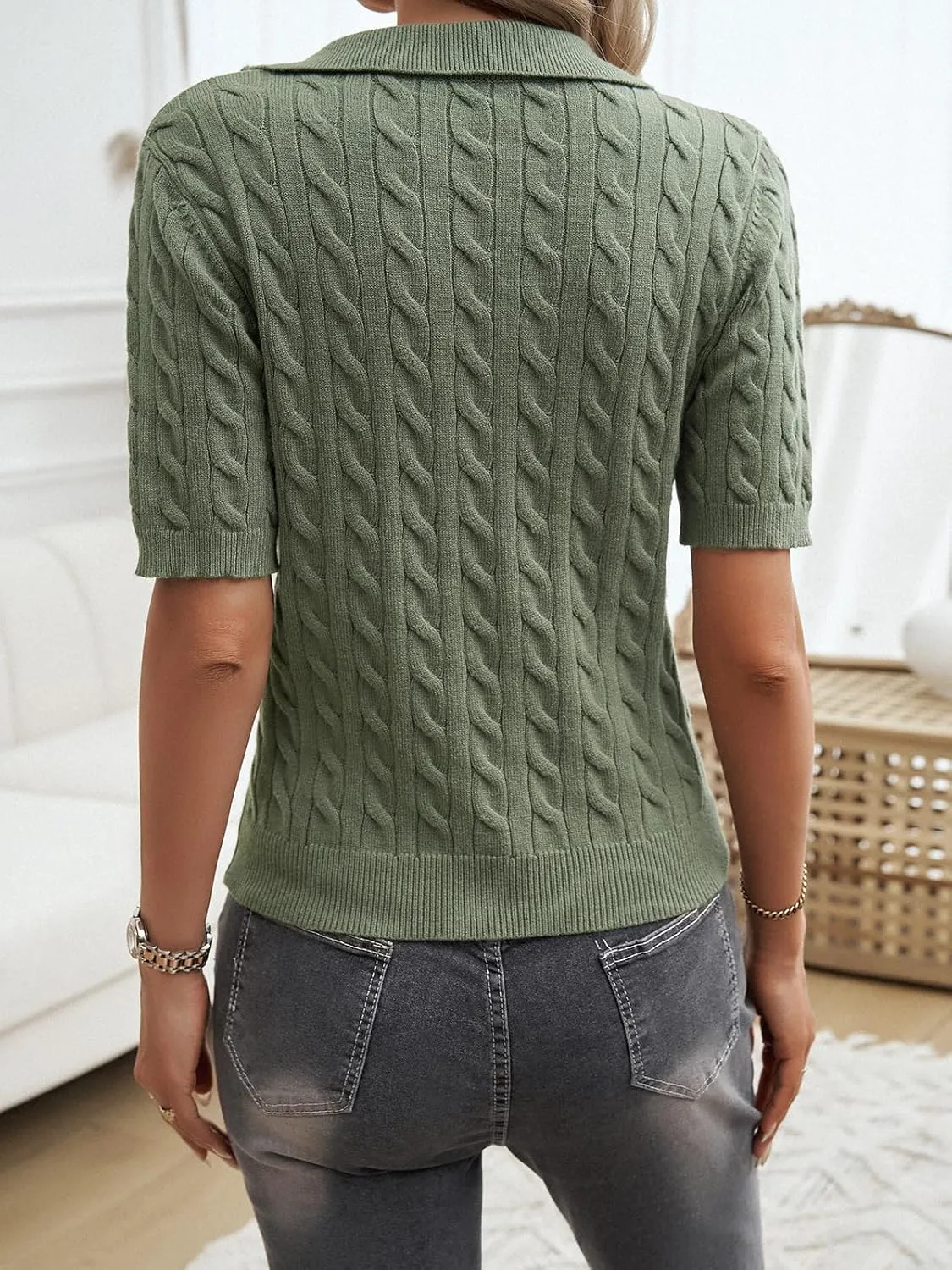 Women Slim Fit Cable Knit Short Sleeve Sweater T-Shirt Classic V-Neck Polo Top Textured Design