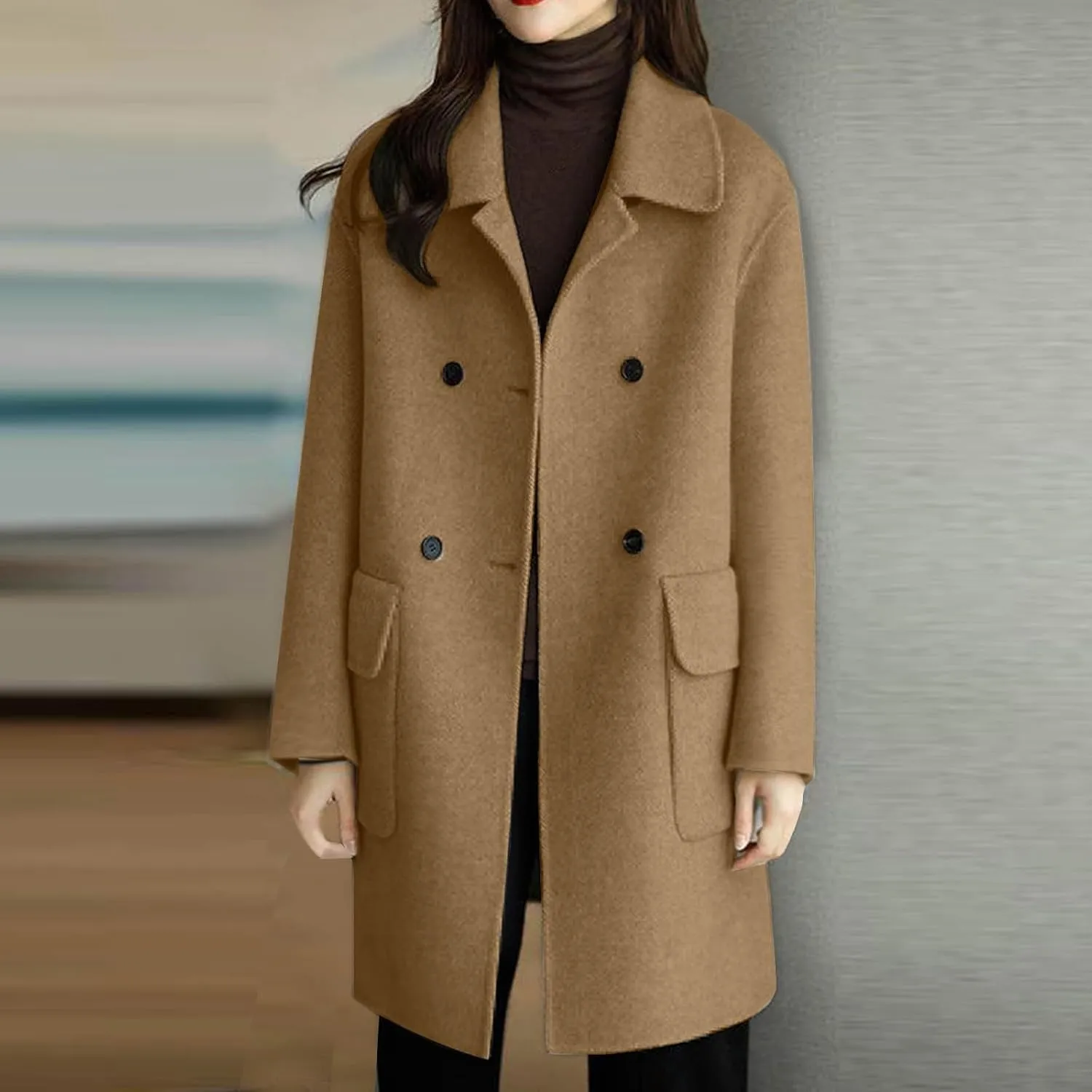Women Winter Wool Coat with Pocket,Button Lapel Oversized Trench Coats Mid Length Chic Peacoat Windbreaker Jacket