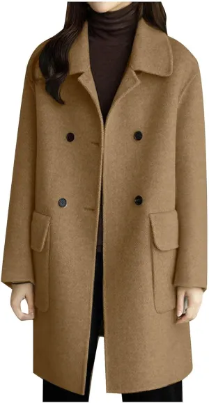 Women Winter Wool Coat with Pocket,Button Lapel Oversized Trench Coats Mid Length Chic Peacoat Windbreaker Jacket