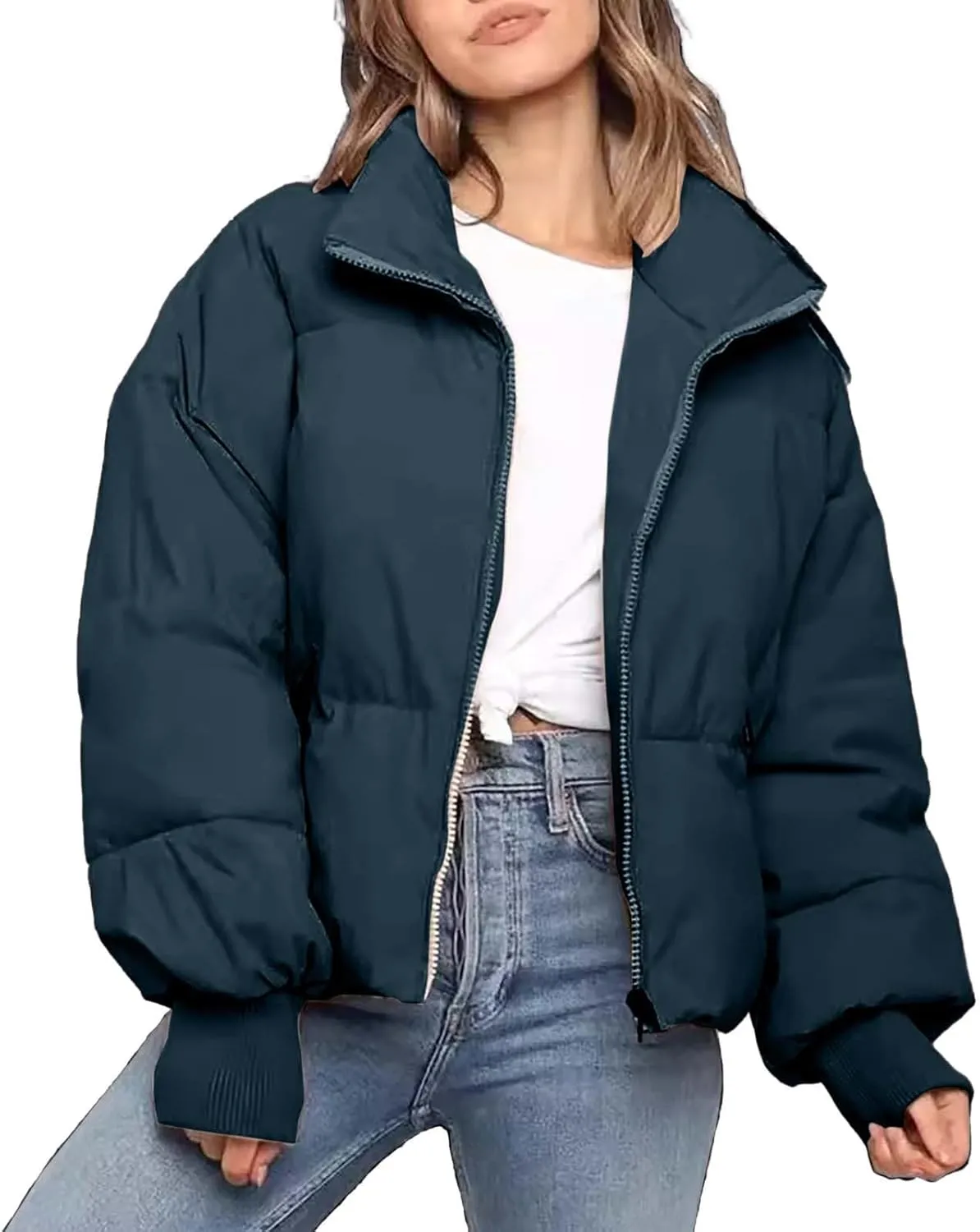 Womens 2024 Winter Warm Windproof Solid Puffer Coat Zip Up Long Sleeve Down Coat Thick Daily Work Outdoor Outwear