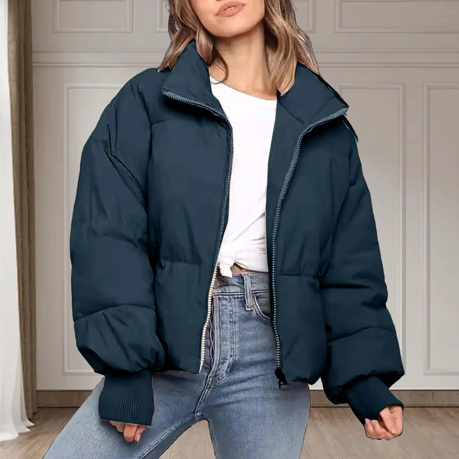 Womens 2024 Winter Warm Windproof Solid Puffer Coat Zip Up Long Sleeve Down Coat Thick Daily Work Outdoor Outwear